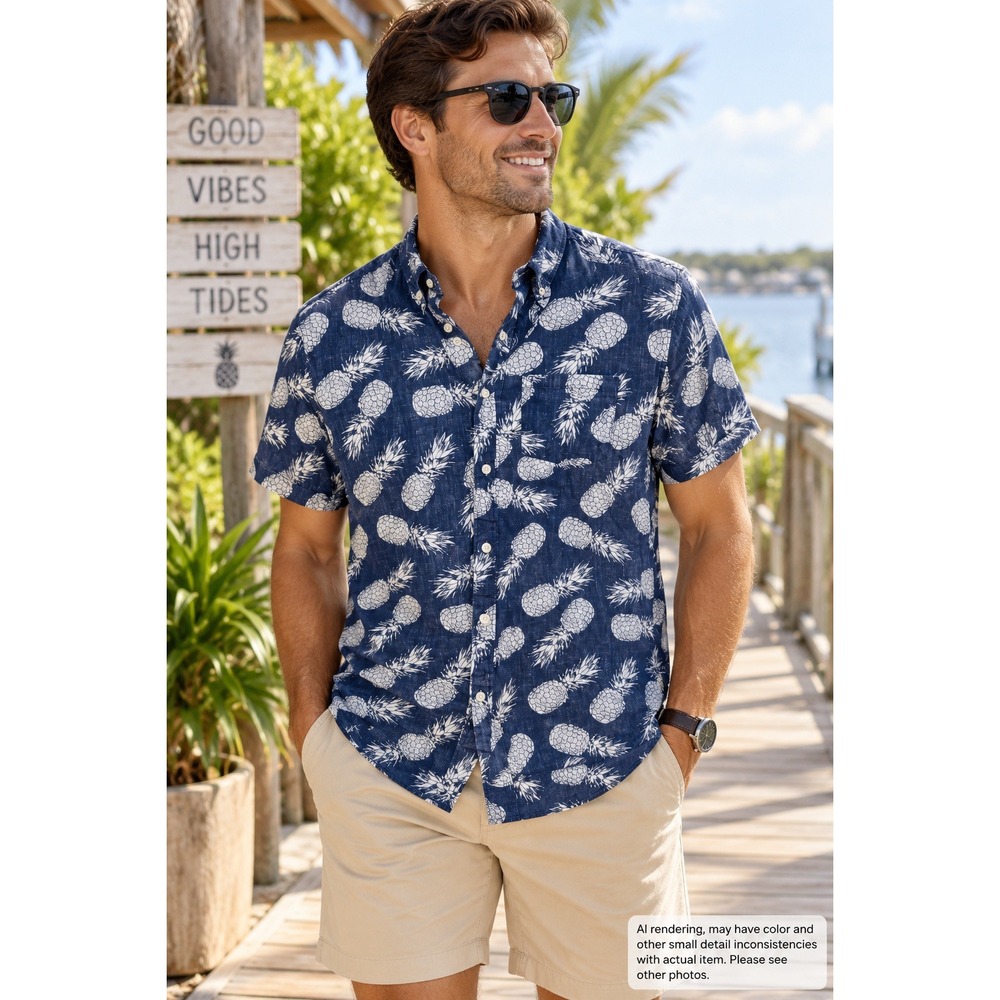 Brooklyn Cloth Mens Small Blue Pineapple Print Short Sleeve Button Down Shirt